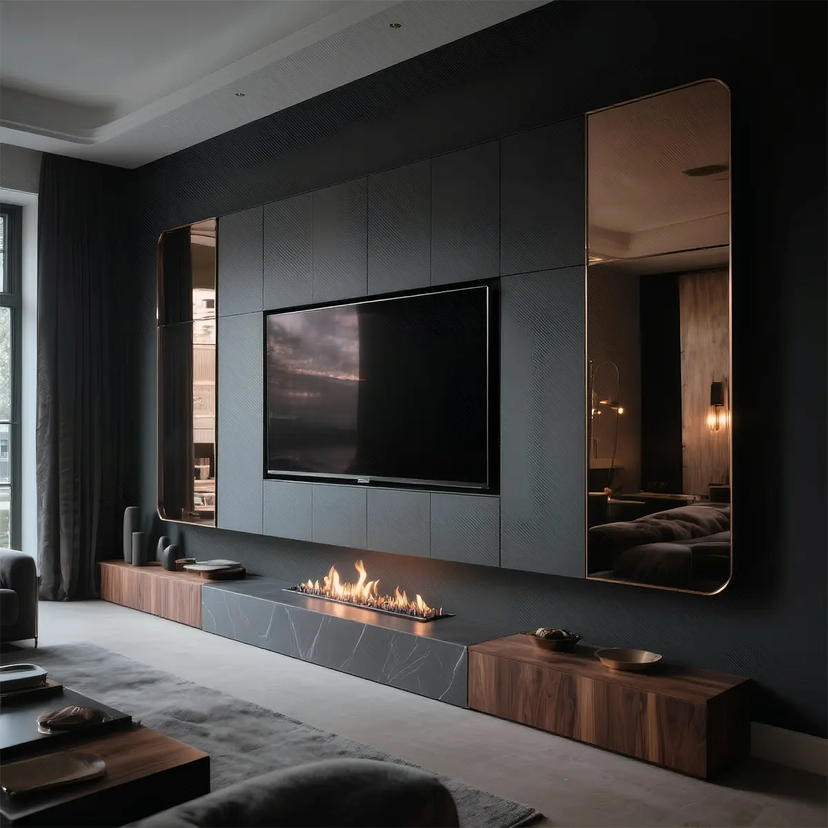 Media walls with mirrors