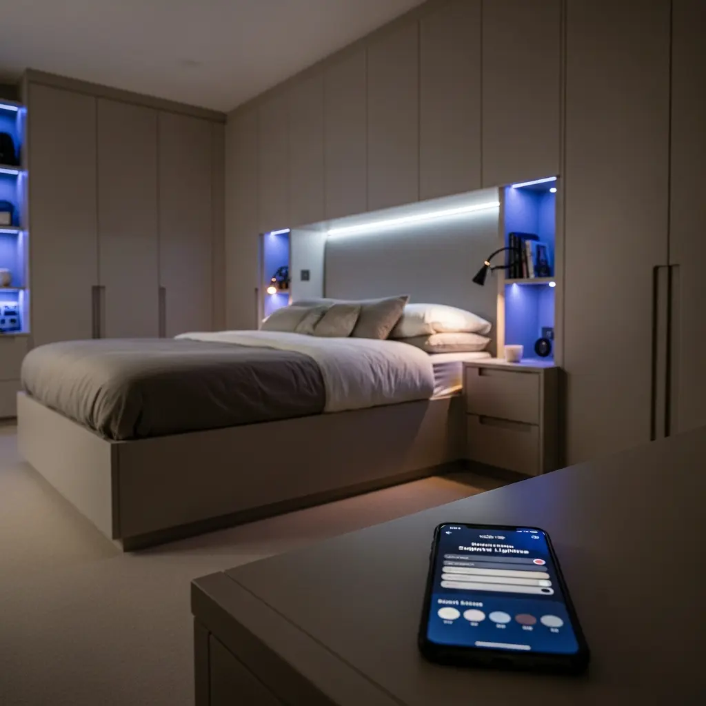 Layered lighting and smart technology integrated into a modern bedroom
